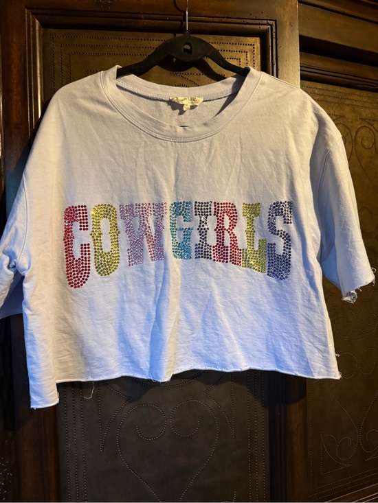 Peach Love California Tops - Beach Love White Cropped Tee with Multicolor 'COWGIRLS” Rhinestone Logo